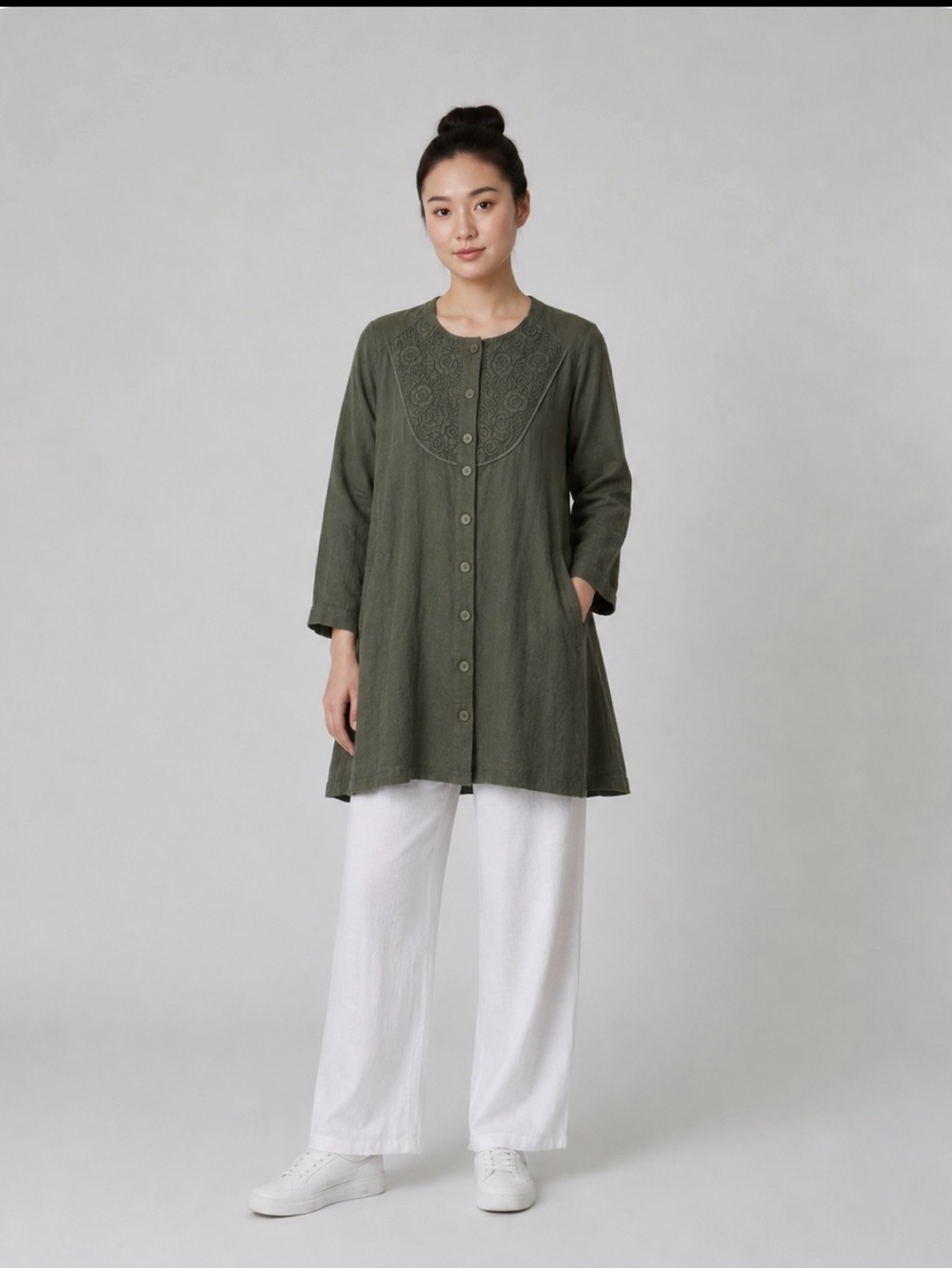 Women’s Olive Green Button-Front 100%linen Tunic Top size XL